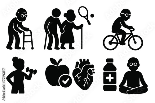 Silhouette icons of elderly senior activities and healthy lifestyle choices, active seniors walking, cycling, exercising, heart health, nutrition, medical care, and meditation vector set