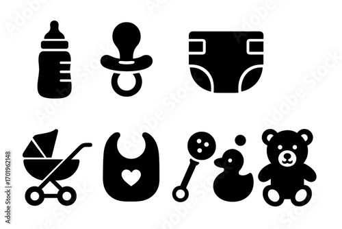 Silhouette icons of baby essentials including bottle, pacifier, diaper, stroller, bib with heart, rattle, rubber duck, and teddy bear, vector cartoon illustration, transparent background