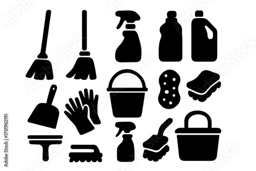 Silhouette icons of cleaning tools and supplies for housekeeping, vector cartoon illustration set with brooms, gloves, spray bottles, sponges, bucket, and scrub brushes on transparent background