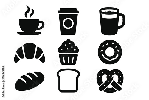 Silhouette icons of coffee drinks and bakery items for café menus and websites, vector cartoon illustration, set of coffee cup, to-go coffee, latte, croissant, muffin, donut, bread, toast, pretzel