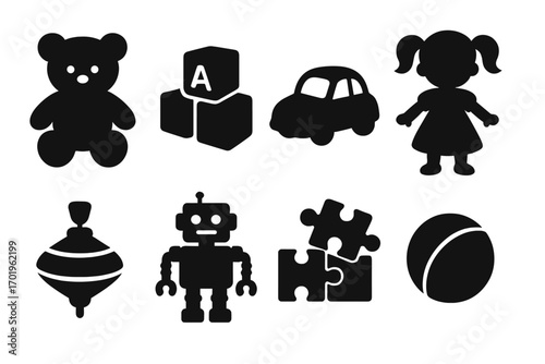 Silhouette icons of classic children toys bear, wooden blocks, toy car, doll, spinning top, robot figure, puzzle pieces, ball, vintage kids play set, vector illustration