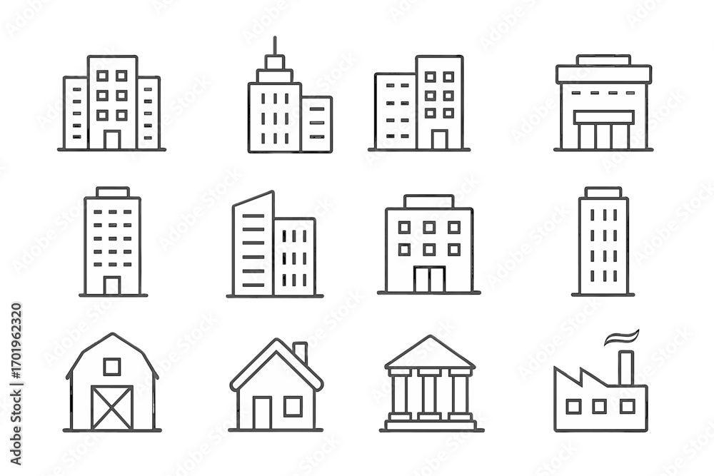 Obraz premium Simple linear building icons set, editable stroke, minimalistic modern linear pictogram collection for cards, apps, banners, posts, vector cartoon illustration design