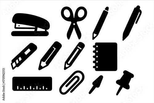 Silhouette office supplies icons set, stapler, scissors, pens, pencils, notebook, paperclip, ruler, utility knife, thumbtack, vector stationery collection