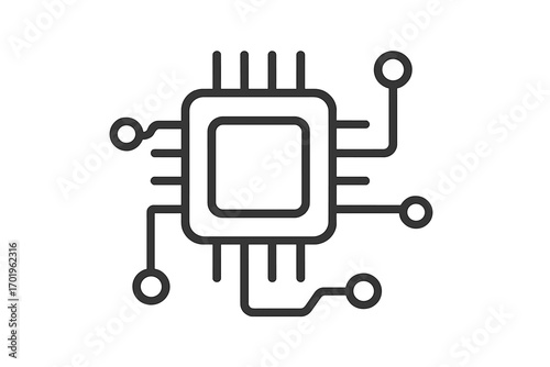 Minimalistic linear icon of computer chip with circuit scheme, editable stroke vector illustration for technology design, apps, banners, digital posts, electronics symbol
