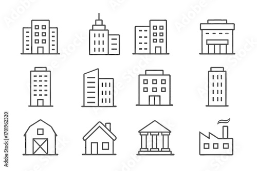 Simple linear building icons set, editable stroke, minimalistic modern linear pictogram collection for cards, apps, banners, posts, vector cartoon illustration design