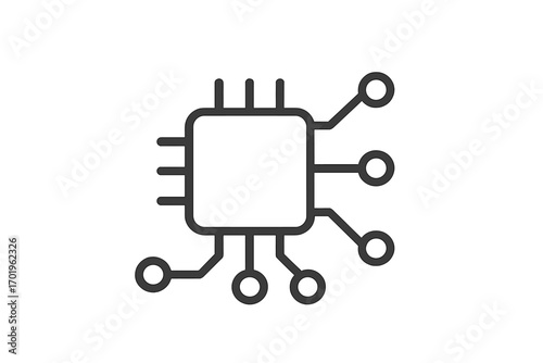 Minimalistic linear icon of microchip and circuit scheme, editable stroke technology symbol, vector cartoon illustration for design of cards, apps, banners, posts, digital electronics concept