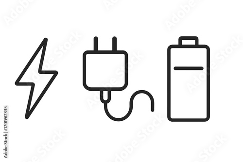 Simple linear icon of energy charger and battery, editable stroke minimalistic design, linear pictogram for cards, apps, banners, posts, vector cartoon illustration for digital use