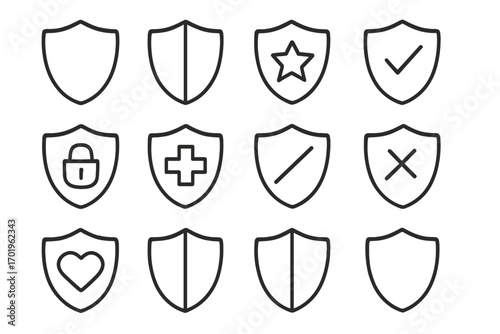 Simple linear shield icons set, editable stroke, minimalistic design, security symbols collection, protection badges, shield pictograms for cards, apps, banners, posts, vector cartoon transparent