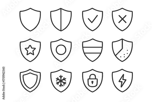 Simple linear shield icon set, editable stroke, minimalistic security and protection symbols, vector cartoon illustration for apps, cards, banners, posts, transparent background