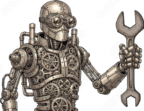 Steampunk robot mechanic with brass gears, metal body, goggles, vintage machinery, industrial design, mechanical engineer, Victorian sci-fi, futuristic automaton