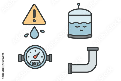 Water monitoring system icons set with leak alert, reservoir tank, flow meter gauge, and industrial pipe vector cartoon illustration, transparent background, ordered set