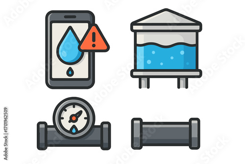 Water monitoring system icons with leak alert, reservoir tank, flow meter, pipeline, water management vector set, cartoon style, transparent background