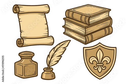 Vintage charm antique scrolls, historic old books, classic medieval symbols, ink bottle with quill, vintage educational elements, retro parchment and shield set, vector cartoon illustration
