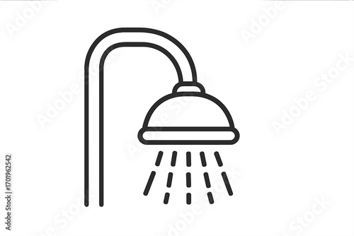Vector shower icon with flowing water droplets, bathroom hygiene symbol, clean water stream, showerhead silhouette on white background, minimalistic plumbing design for web and apps