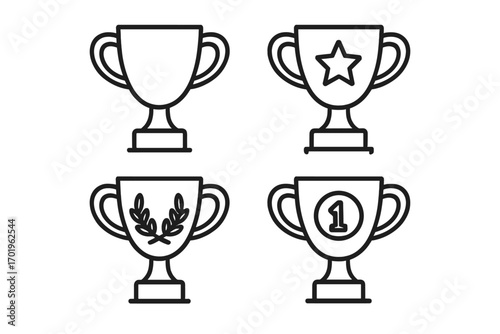 Winning cup line icon set, trophy vector illustration collection, winner award symbols, achievement and success icons, star, laurels, number one, sports and competition design