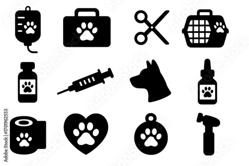Pet healthcare icons set with veterinary medical equipment and pet supplies in black silhouette style, vector cartoon illustration with transparent background, animal care and vet tools