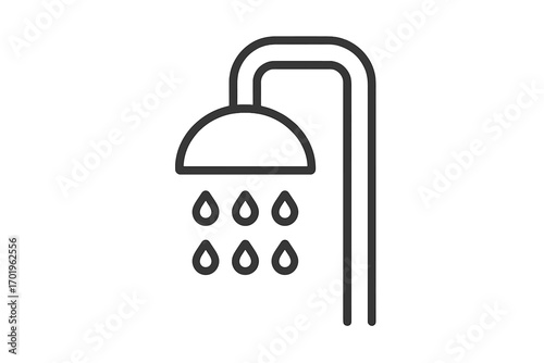 Minimalist black line art showerhead with water drops, bathroom shower vector icon, clean water flow symbol, bath hygiene illustration, plumbing fixture graphic