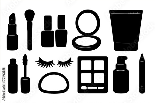 Silhouette icons of essential makeup products and beauty tools for fashion and cosmetics themes, vector illustration set with transparent background, ordered collection
