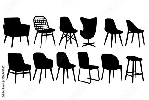 Silhouette collection of diverse modern chair designs, stylish furniture silhouettes, contemporary seating vector set, minimalist black outline, interior design elements, transparent background