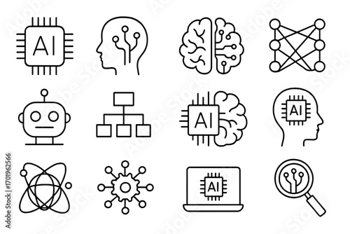 Pack of minimalistic linear icons of artificial intelligence, AI robot, neural networks, brain circuits, machine learning, AI chip, algorithm, technology symbols for app design, banners, and posts