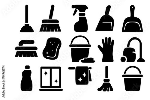 Silhouette icons of cleaning tools and supplies, housekeeping essentials vector set, broom, mop, spray bottle, bucket, sponge, gloves, vacuum, window cleaning, sparkling cloths, vector illustration