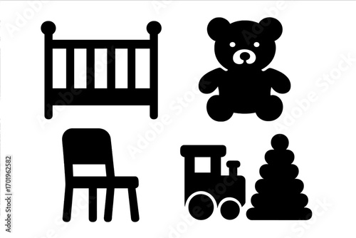 Children's furniture and toys icon set. Bold black silhouette collection for baby and kids. Vector graphic includes crib, teddy bear, chair, toy train, and ring pyramid.