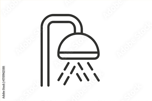 Modern Minimalist Shower Head Icon with Water Spray, Bathroom Fixture Vector Illustration, Bathroom Plumbing Symbol, Hygiene and Cleanliness Concept, Line Art Design