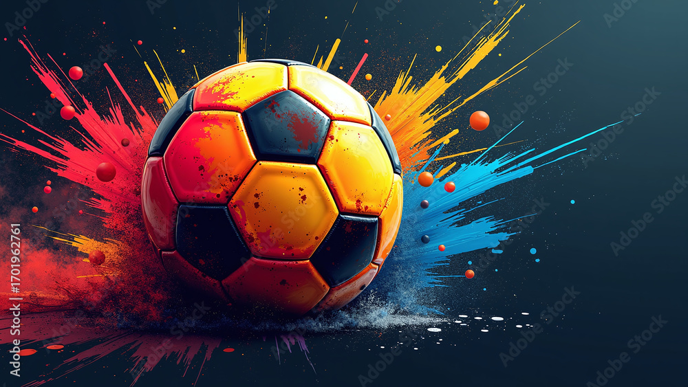 Fototapeta premium Vibrant soccer ball with colorful splash on dark background. 