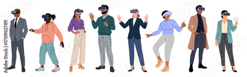 Set of diverse men and women wearing VR headsets, standing full length in smart casual outfits, interacting with virtual reality, Vector illustration isolated on transparent background.