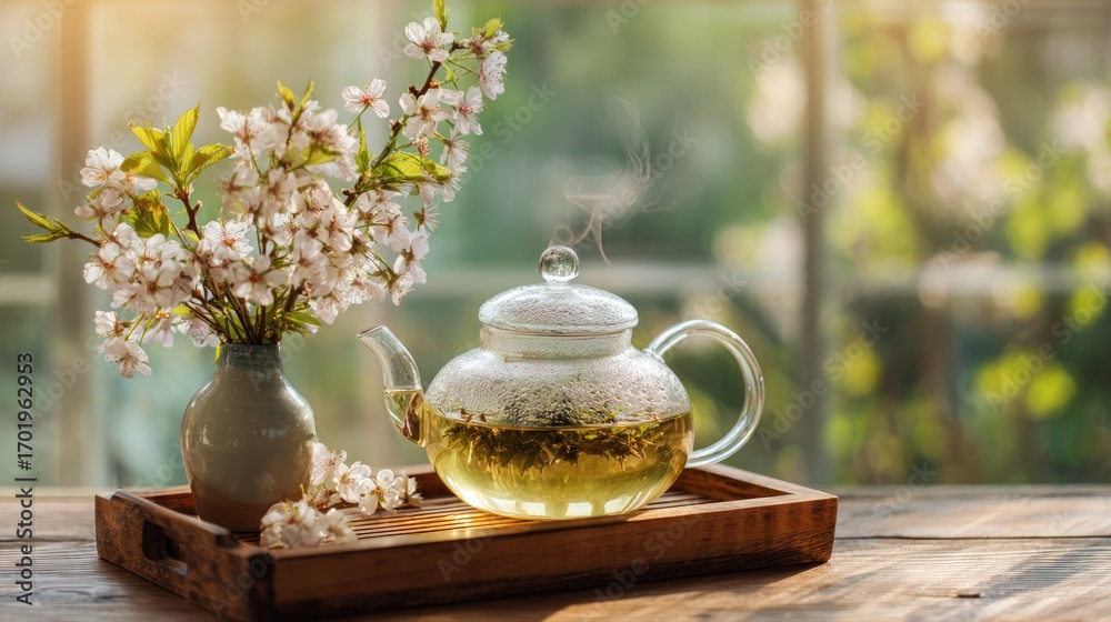 Fototapeta premium Serene Spring Tea Ceremony: A Glass Teapot of Herbal Infusion with Delicate Cherry Blossoms
