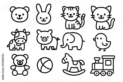 Cute animal and toy outline icon set. Playful vector graphics for kids. Includes bear, cat, rabbit, cow, pig, elephant, and toys like a train, ball and rocking horse.