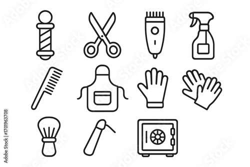 Barber shop line icon set. Hairdressing tools and salon equipment collection. Vector outline symbols for barbering, grooming, and hairstyling. Includes clipper, razor.