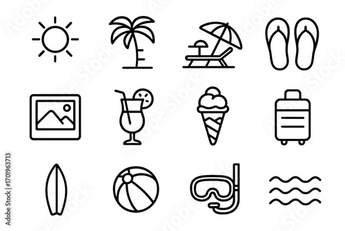 Beach vacation linear icon set. Tropical travel and summer holiday symbols. Outline vector elements for sun, palm, cocktail, luggage, surf, and sea activities. Simple pictogram pack.