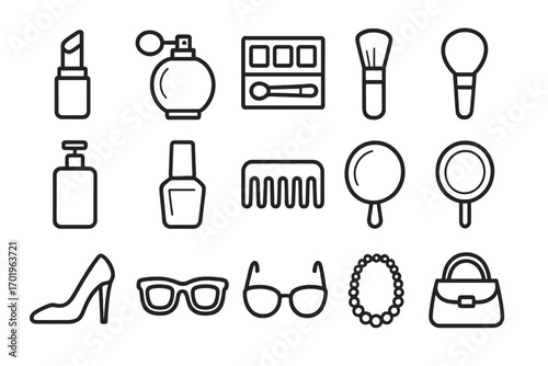Beauty and fashion outline icon set. Cosmetics and accessories illustrations. Lipstick, perfume, makeup, nail polish, high heel, and handbag line art vector symbols.