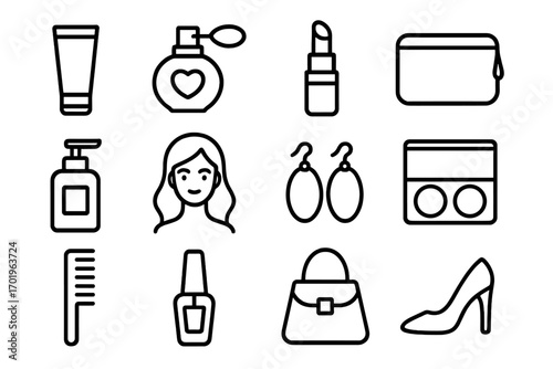 Beauty and fashion outline icon set. Vector line art collection of cosmetic and makeup essentials. Includes lipstick, perfume, handbag, high heel shoe, and woman face icons.