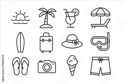 Beach vacation linear icon set. Tropical travel and summer holiday symbols. Sun, palm, cocktail, surfboard, luggage, and snorkel outline vector icons for web and mobile.