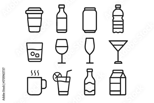 Beverage and packaging line icon set. Simple minimalist icons collection. Vector illustration of drinks like coffee, wine, beer, soda, water, juice, milk, cocktail.