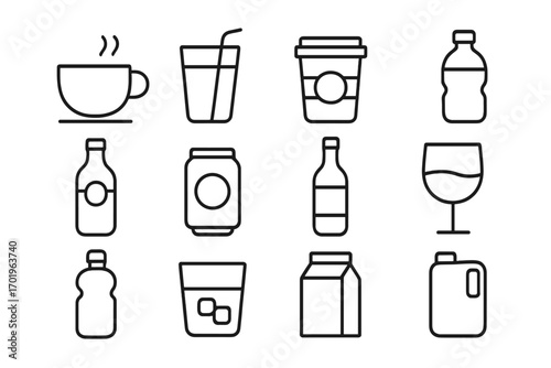 Beverage and drink line icon set. Simple outline symbols collection for packaging. Vector icons include coffee cup, water bottle, soda can, juice carton, wine glass, and beer.