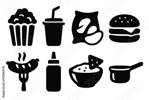 Black icon set of fast food and snacks. Vector silhouette graphic elements. Hamburger, popcorn, soda, chips, sausage, nacho dip, sauce bottle. Junk food symbol collection.