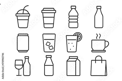 Beverage and packaging line icon set. Simple minimalist collection of drink containers. Vector outline symbols for coffee, soda, juice, milk, water. Food and drink graphics.