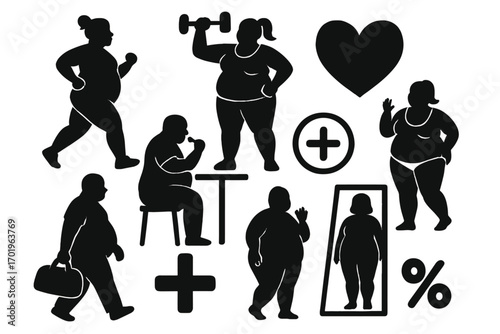 Plus size people silhouettes set. Overweight person lifestyle, fitness, and health vector icons. Body positivity, diet, and obesity concept. Man and woman cartoon illustration.