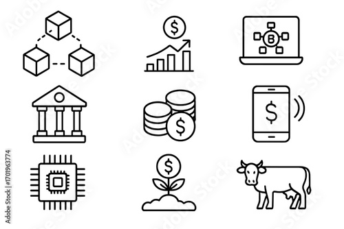 Blockchain finance and agritech outline icon set. Fintech and investment vector symbols. Crypto, banking, technology, agriculture, and livestock linear collection.