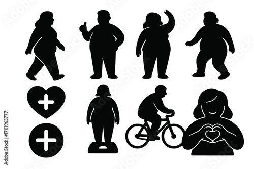 Plus size people vector icon set. Overweight man and woman silhouettes. Obesity, health, sport, and body positivity concept. Fat person walking, on scale, cycling. Health care symbol.