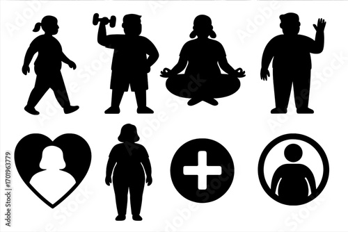 Plus size people lifestyle icon set. Body positive silhouettes. Overweight man woman exercising, walking, yoga. Vector icons for health, wellness, user profile, self love.