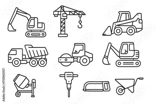 Construction equipment line icon set. Heavy machinery, tools, and work vehicles linear collection. Vector graphic for excavator, crane, dump truck, roller, loader icons.