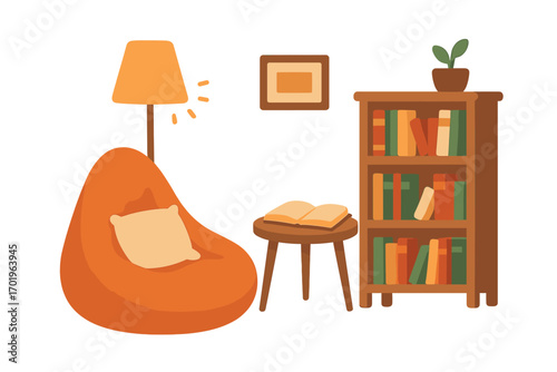 Cozy reading nook with bean bag chair, book on table and bookshelf. Home interior furniture. Concept of hobby, education, hygge, relaxation. Flat vector cartoon illustration.