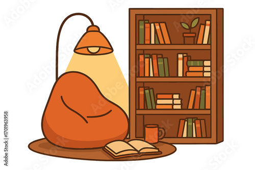 Cozy reading corner with bookcase and lamp. Vector illustration of home interior for reading, studying. Relaxing hobby. Hygge lifestyle. Literature and education concept.