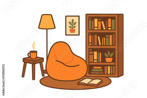 Cozy reading nook with bean bag and bookshelf. Home library room interior. Hygge concept for comfort, relaxation, and education. Vector cartoon flat illustration isolated.