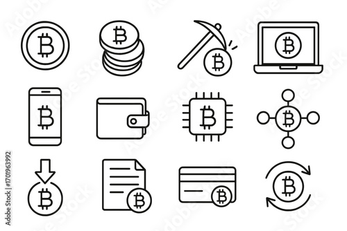 Cryptocurrency bitcoin outline icon set. Digital money and finance symbols. Vector line art. Crypto mining, blockchain technology, payment, exchange and wallet concepts.