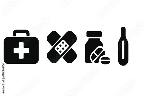 Emergency medical icon set with first aid kit, bandage, medicine, thermometer in silhouette style. Vector illustration for healthcare, hospital, and pharmacy concepts.
